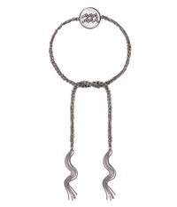 18k black gold diamond-cut chain, hand braided with grey silk, and a pavé grey diamond incrusted aquarius zodiac symbol on a mother of pearl medallion on a white background