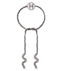 18k black gold diamond-cut chain, hand braided with grey silk, and a pavé grey diamond incrusted pisces zodiac symbol on a mother of pearl medallion on a white background