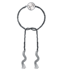 18k black gold diamond-cut chain, hand braided with grey silk, and a pavé grey diamond incrusted sagittarius zodiac symbol on a mother of pearl medallion on a white background
