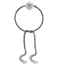 18k black gold diamond-cut chain, hand braided with grey silk, and a pavé grey diamond incrusted virgo zodiac symbol on a mother of pearl medallion on a white background
