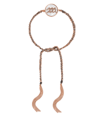 18k rose gold diamond-cut chain, hand braided with grey silk, and a pavé grey diamond incrusted aquarius zodiac symbol on a mother of pearl medallion on a white background