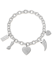 18k white florentine frosted finish gold 40cm 1885 chain with cuore, figa, corno and golden rule pendants on white background