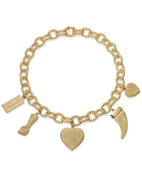 18k yellow florentine frosted finish gold 40cm 1885 chain with cuore, figa, corno and golden rule pendants on white background