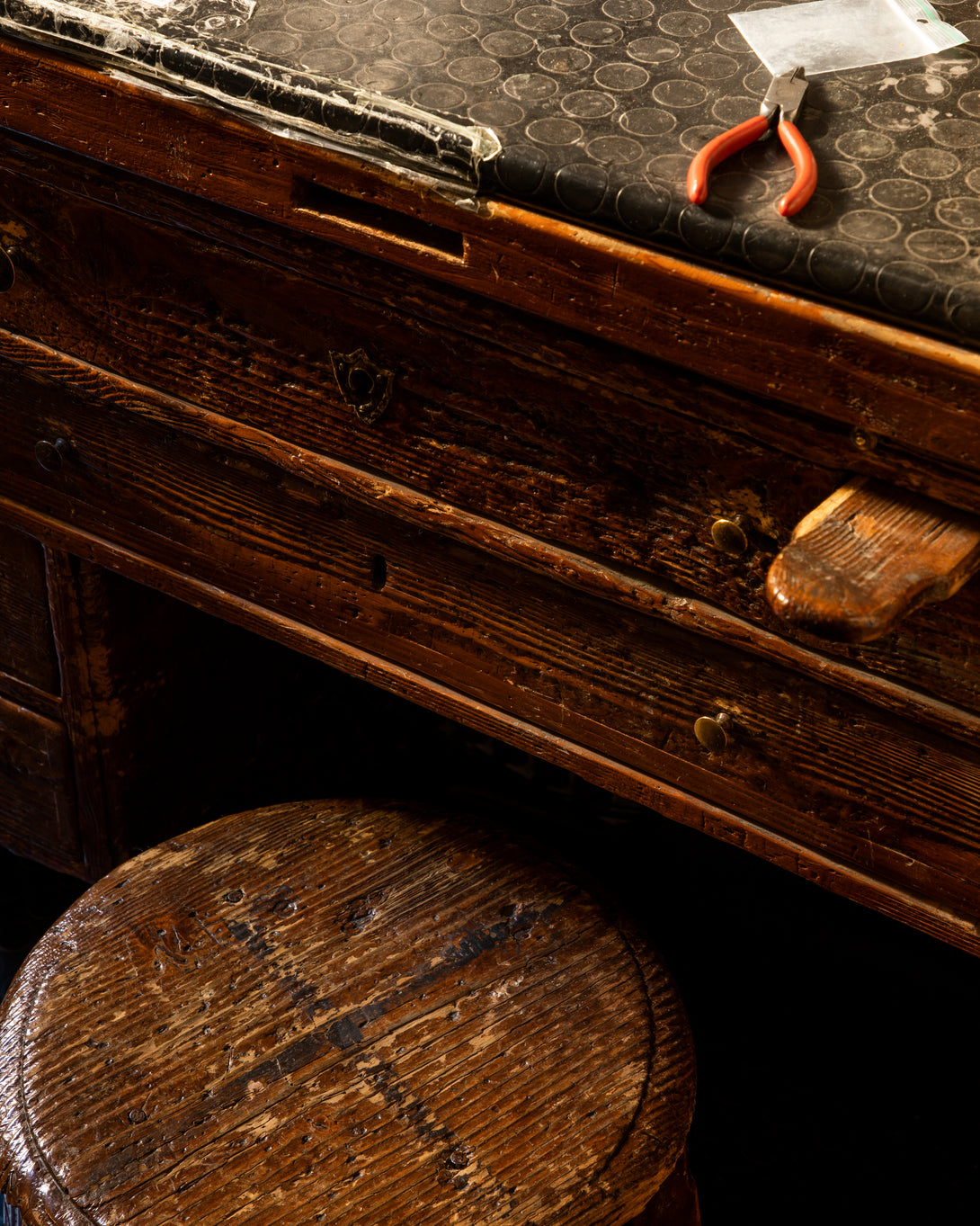 Close-up of the bench in Carolina Bucci's Florence atelier.