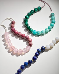 Bowery collection of necklaces with Malachite/Amazonite, Rhodonite/Rose quartz and Lapis Lazuli/White agate semi precious spheres