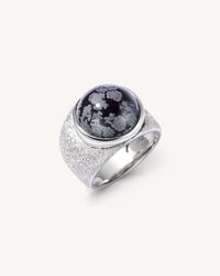 Carolina Bucci Downtown Ring, semi-precious stone (snowflake obsidian), Florentine Finish 18k white gold, top view, white background