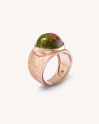 Carolina Bucci Downtown Ring, semi-precious stone (unakite), Florentine Finish 18k pink gold, side view, white background