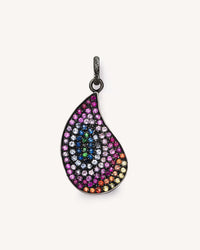 18k black gold drop pendant with rainbow pavé precious stones on white background