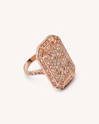 18k emerald cut rose florentine frosted finish gold ring with white and grey diamonds on white background