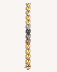 18k Gold EveryDay Bracelet with Patinato segments, multicoloured precious stones pavé, Shown laid flat on white background