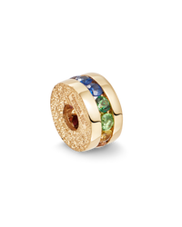 18k yellow florentine frosted finish gold forte beads rainbow precious bead with rainbow sapphires on white background   