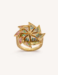 18k yellow florentine frosted finish gold girandola ring with rainbow pavé diamonds and sapphires on white background