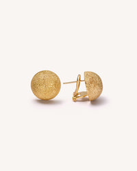 18k yellow florentine frosted finish gold button studs with clip on white background
