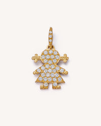 18k yellow gold and white diamond mini baby girl pendant on white background