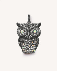 18k black florentine frosted finish gold gitane owl pendant with pavé precious stones and opal on white background