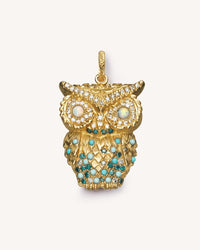 18k yellow florentine frosted finish gold gitane owl pendant with pavé precious stones on white background