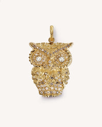 18k yellow florentine frosted finish gold gitane owl pendant with pavé precious stones and diamonds on white background