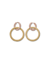 18k rose gold florentine frosted finish round huggies earrings with two small 18k yellow gold 1885 round links