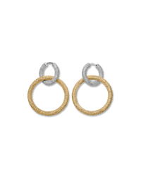 18k white gold florentine frosted finish round huggies earrings with two small 18k yellow gold 1885 round links