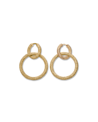 18k yellow gold florentine frosted finish round huggies earrings with two small 18k yellow gold 1885 round links