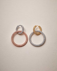 18k yellow and white gold florentine frosted finish round huggies earrings with two small 18k white and rose gold 1885 round links