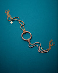 18k yellow gold peace and kiss lucky bracelet tied with 18k florentine frosted finish rose gold small round link