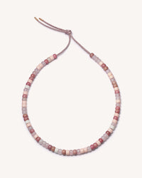 The colony forte beads Necklace with heather pink lurex cord with 18k Rose gold caps