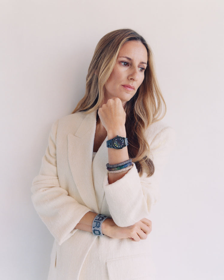 Carolina Bucci wearing the Color Field bracelet alongside the black ceramic Royal Oak watch she designed for Audemars Piguet