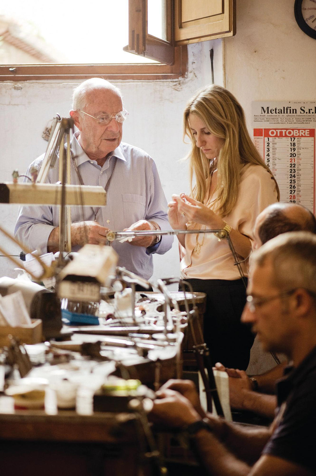 Carolina Bucci and her father Ferdinando Bucci at the family atelier in Florence.