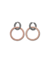 18k black gold florentine frosted finish round huggies earrings with two small 18k rose gold 1885 round links