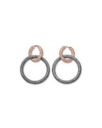 18k rose gold florentine frosted finish round huggies earrings with two small 18k black gold 1885 round links