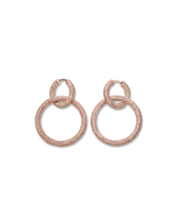 18k rose gold florentine frosted finish round huggies earrings with two small 18k rose gold 1885 round links