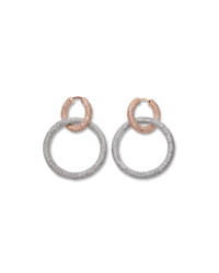 18k rose gold florentine frosted finish round huggies earrings with two small 18k white gold 1885 round links