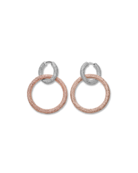 18k white gold florentine frosted finish round huggies earrings with two small 18k rose gold 1885 round links
