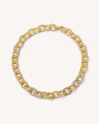 18k florentine frosted finish yellow gold 40cm 1885 links necklace with a set of pavé links on white background