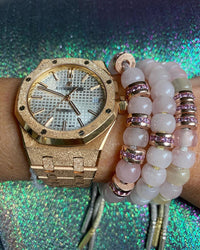 18k rose florentine frosted finish gold forte beads precious bead with pink sapphire modelled with rose quartz, chalcedony and moonstone forte beads bracelet