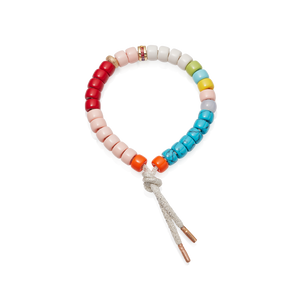 Halpern forte beads with 18k yellow gold bead and precious bead in rainbow sapphires with moon lurex tie cord with 18k rose gold caps