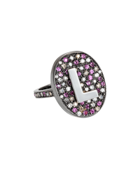 18K Black gold scarab initial ring, with table of multicolour pavé stones on white background