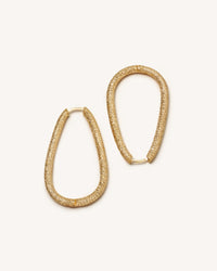 18k yellow florentine frosted finish gold small drop hoop earrings on white background