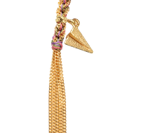 close up of 18k yellow gold lucky re-engage bracelet with paper plane charm on white background