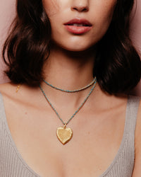 18k yellow gold lucky wisdom necklace with 18k yellow florentine frosted finish gold cuore pendant