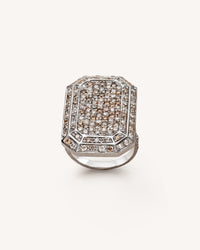 18k emerald cut white florentine frosted finish gold ring with white and grey diamonds on white background