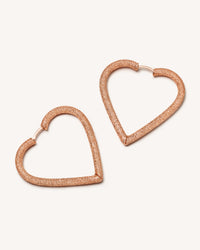 18k rose florentine frosted finish gold large cuore hoop earrings on white background