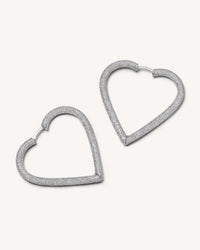 18k white florentine frosted finish gold large cuore hoop earrings on white background