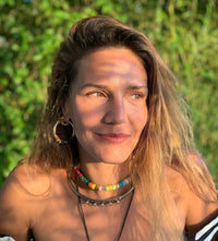 Margherita forte beads necklace with moon lurex tie cord and 18k yellow gold caps modelled