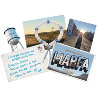 marfa forte beads bracelet with gunmetal cord with 18k white gold caps with collaged with postcards