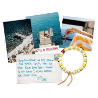 fortissimo forte beads bracelet with sun lurex tie cord and 18k yellow gold caps with postcards on white background