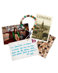 Londra forte beads bracelet with gunmetal lurex tie cord and 18k yellow gold caps with post cards