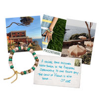 Fortissimo Mezzatorre FORTE Beads Bracelet with sun lurex tie cord and 18k yellow gold caps with mezzatorre post card